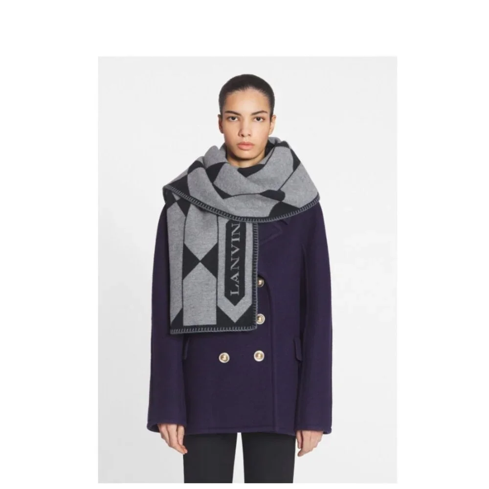 Lanvin Paris Wool Scarf Gray Black Geometric Logo Fringe NEW